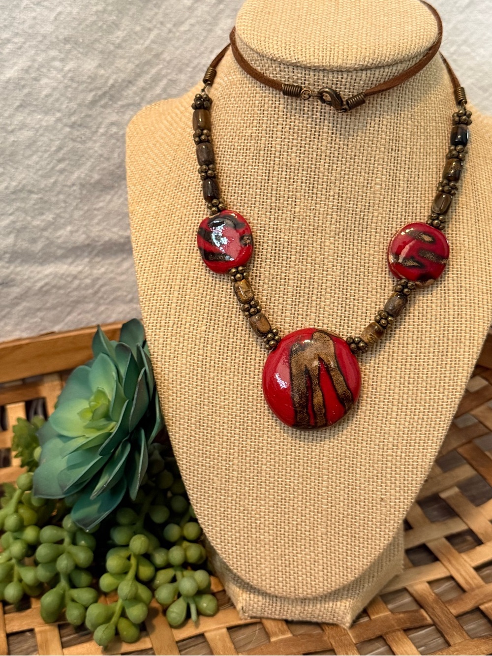 Kazuri Bead Handmade Necklace on Leather Cord - Red and Brown